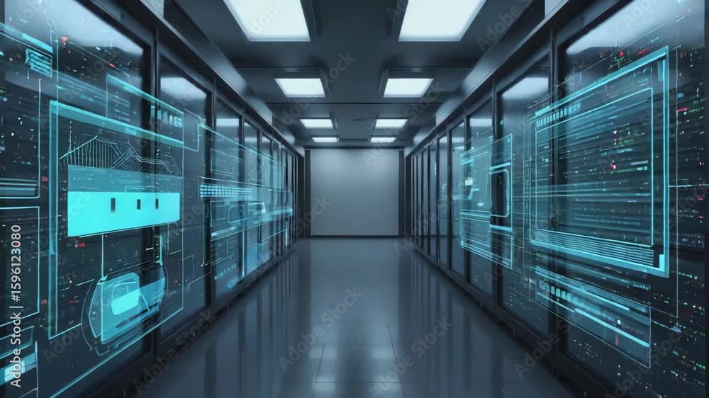 Poster server racks processing data with futuristic holographic head-up display interface in a modern data 