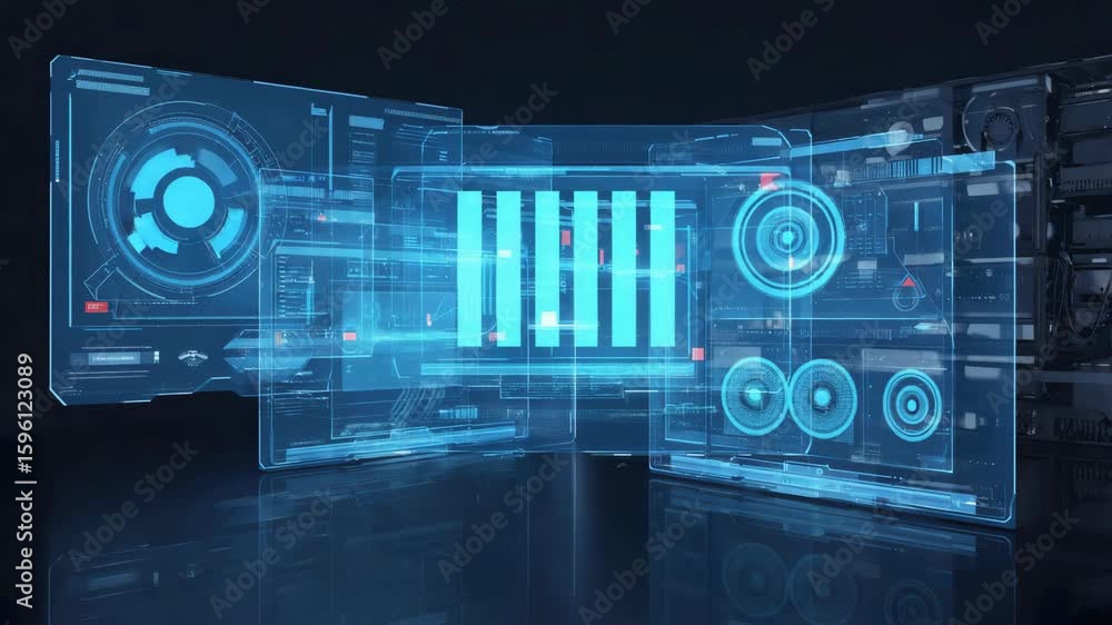 Poster futuristic head-up display interfaces are presenting complex data analysis and processing, showcasin