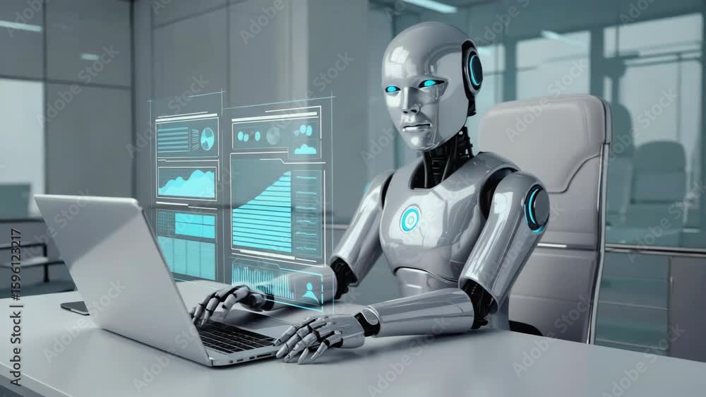 Poster humanoid robot sitting on a chair and working on a laptop, analyzing data on a futuristic virtual in