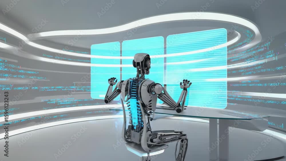 Poster robot software engineer programming futuristic code in a virtual reality office, showcasing the adva