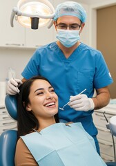 caucasian dentist in blue uniform and mask examining smiling female patient in dental chair under bright light. dental health care, professional medical setting. healthcare, clinic brochure.