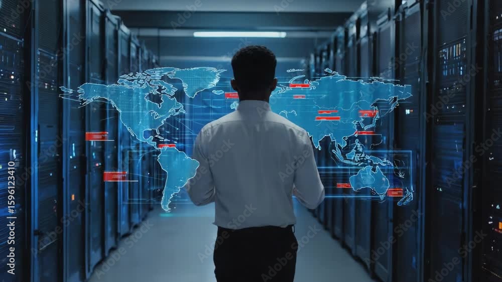 Poster it specialist walks through a data center, checking server racks and interacting with holographic wo