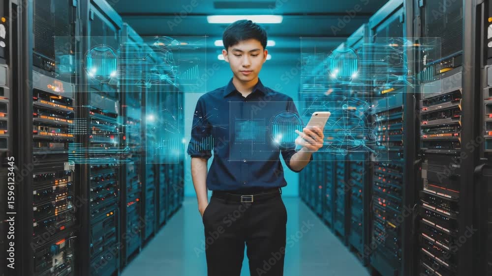 Poster it engineer uses a smartphone app to monitor server operations and analyze performance metrics withi