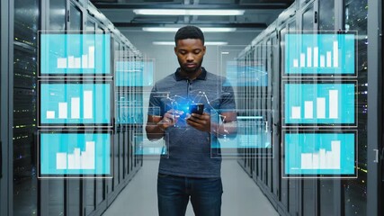It specialist uses a smartphone and a futuristic hologram interface to monitor server racks in a modern data center, ensuring efficient network operations and data management - Powered by Adobe
