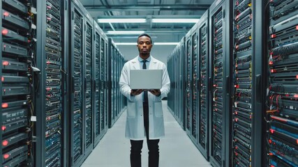 Black it specialist wearing a lab coat, walking through a bright corridor of a data center, using a laptop to check and maintain server racks for optimal performance and security - Powered by Adobe