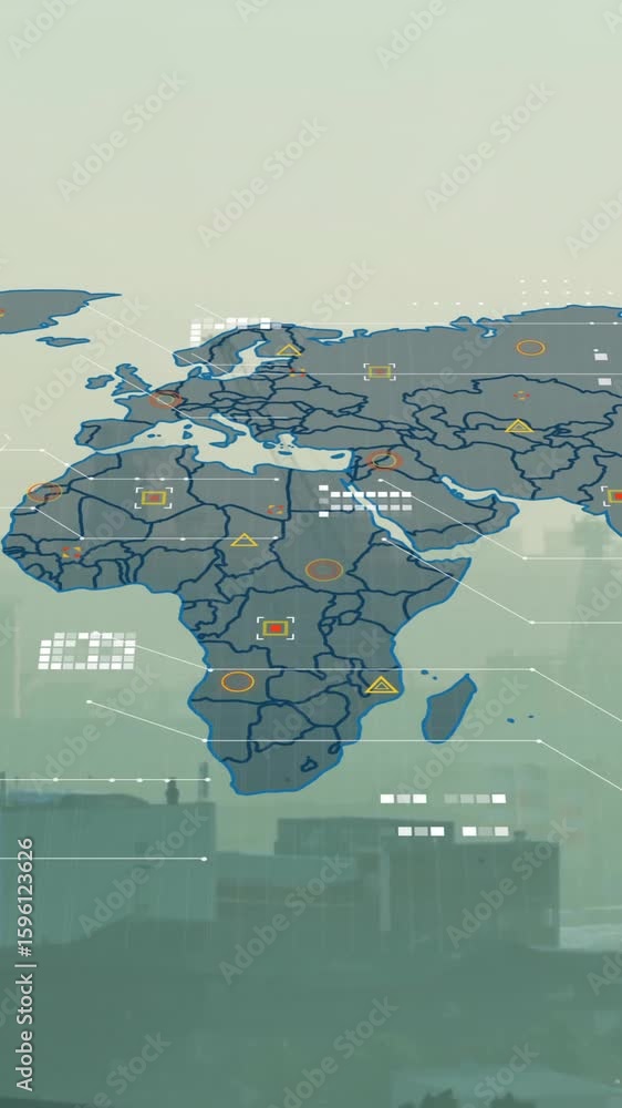 Poster world map with data points and network connections animation over cityscape