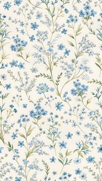 A delicate pattern of small blue wildflowers on a light background