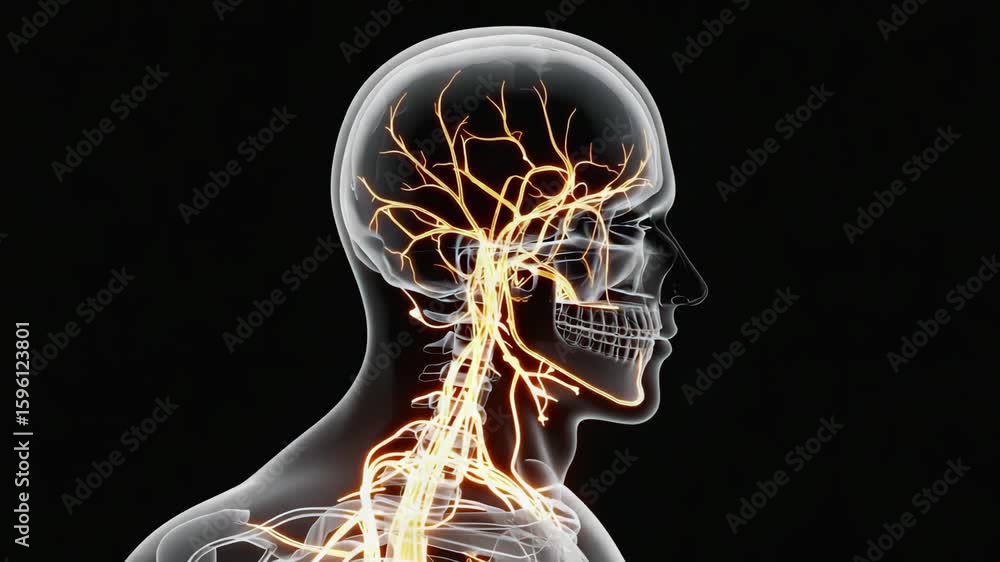 Poster medical visualization highlighting the network of nerves connecting the brain and spinal cord, empha