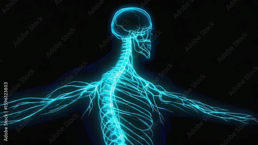 Poster glowing nerves branching out from the spinal cord and brain create a captivating 3d medical illustra