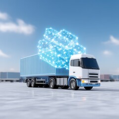 Naklejka premium Blockchain technology enhancing cold chain logistics distribution center digital art urban environment aerial view innovation