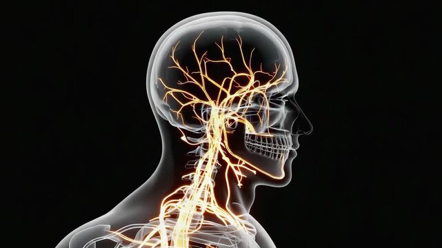 Medical visualization highlighting the network of nerves connecting the brain and spinal cord, emphasizing the complexity of the human nervous system