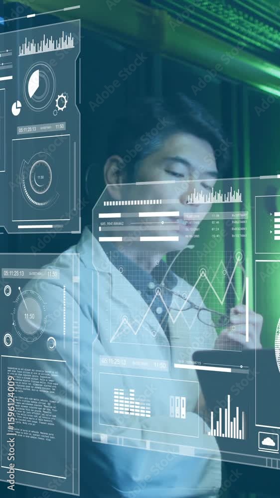 Aufkleber analyzing data with digital interface, business professionals in server room working
