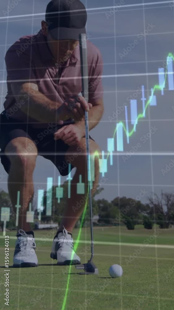 Poster preparing to putt, golfer focusing with financial graph animation overlay