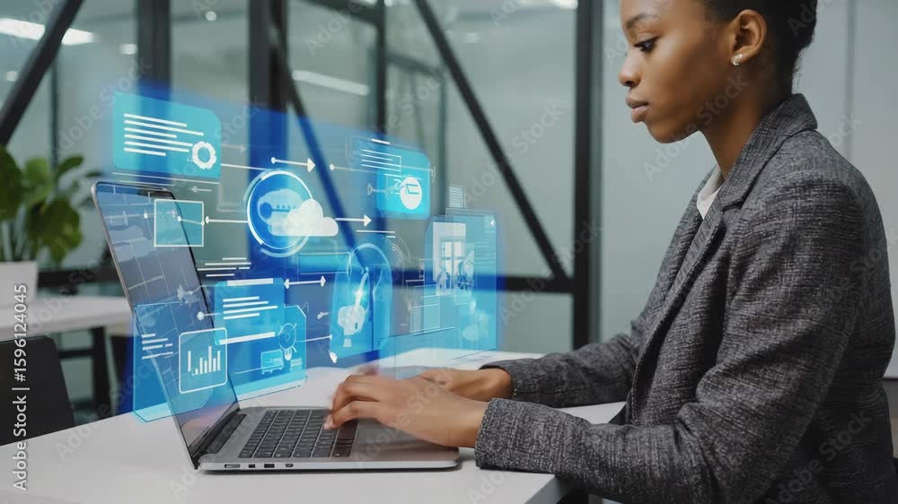 Poster businesswoman is using a laptop with a futuristic hologram interface showing data analysis, cloud co