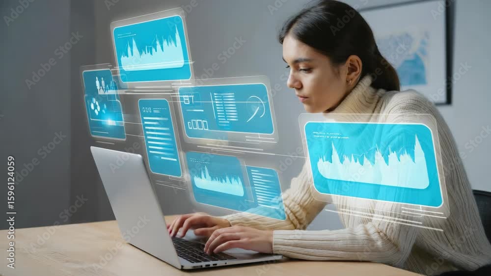 Poster focused businesswoman typing on a laptop while analyzing holographic data screens displaying graphs 