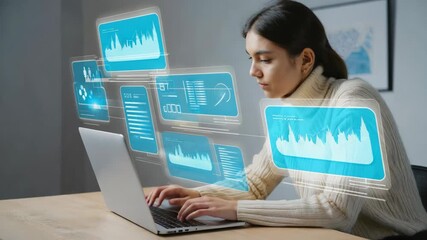 Focused businesswoman typing on a laptop while analyzing holographic data screens displaying graphs and kpis, visualizing the future of business intelligence - Powered by Adobe
