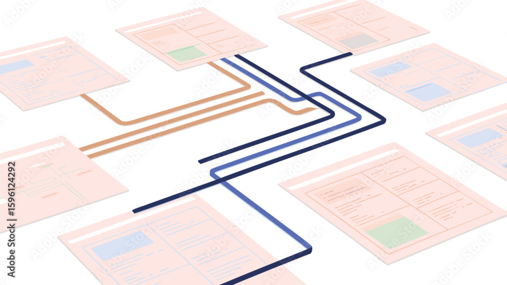 Poster isometric view of multiple web pages connected by brown and blue lines on white background