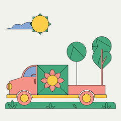 Pink truck carrying flower cargo with trees under sun and cloud vector