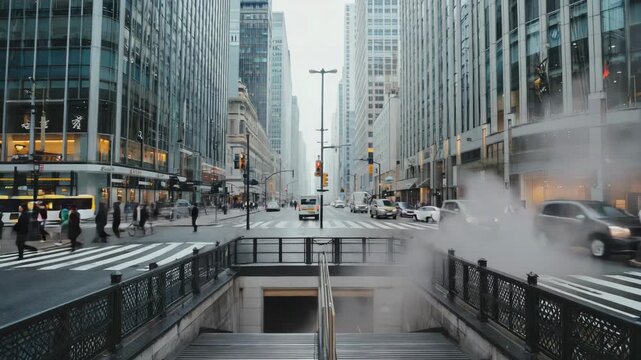 Rising steam from subway grates fills the air on a bustling city street, where pedestrians navigate the crosswalk and cars weave through traffic on a chilly, overcast day