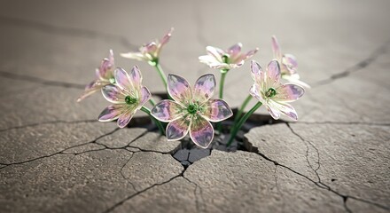 Delicate glass flowers bloom through cracked concrete, symbolizing hope and resilience in harsh conditions