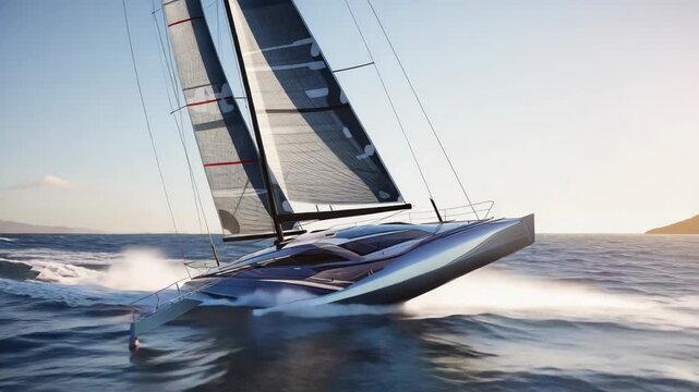 Luxury trimaran racing across rough seas at sunset, gliding near the coast with sails billowing in the wind, leaving a dynamic wake in its path as the horizon glows