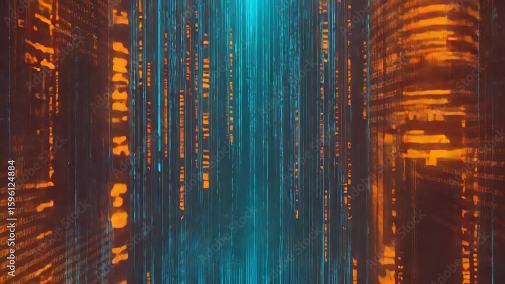 Poster orange and blue digital information flows through cyberspace in vertical lines creating a matrix eff