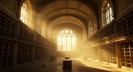 Obraz premium Grand ancient library interior bathed in golden sunlight streaming through gothic window