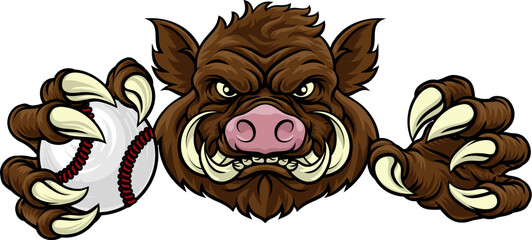 Obraz premium A wild boar, hog razorback warthog pig mean tough cartoon sports mascot holding a baseball ball