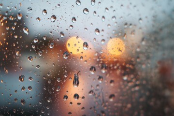 Close-up view of raindrops on a window pane featuring blurred urban background with gentle lighting