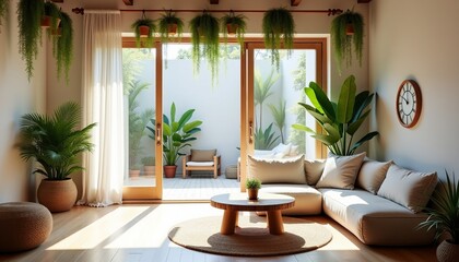 Airy bohemian living room seamlessly blending indoors and outdoors with abundant natural light
