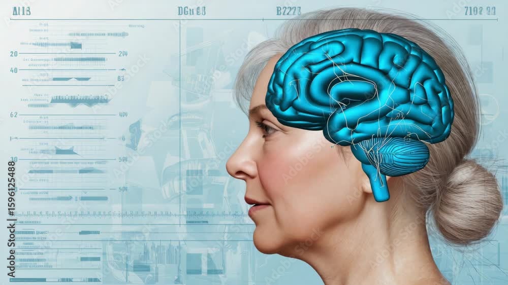 Poster senior woman's profile with a superimposed 3d rendering of a brain and medical data analysis display