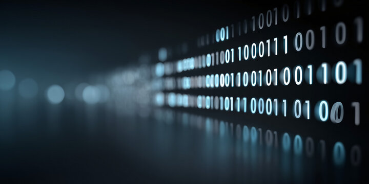 Digital binary code in a dark, futuristic setting, representing data and information flow