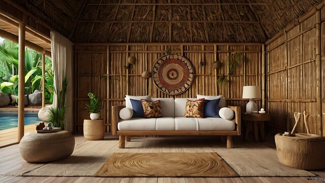 Fijian bure interior with bamboo walls, handmade rugs, and traditional seating, 3D rendering