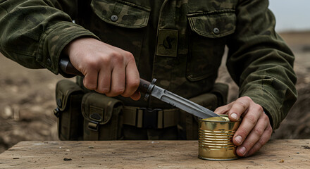 A soldier carefully opens a can of food using a bayonet, a survival skill essential for military operations in the field, demonstrating resourcefulness and preparedness.