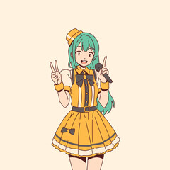 Korean or Japanese idol k-pop singinger. Illustration of an anime girl in a bright yellow outfit holding a microphone. She is smiling and making a peace sign. The background is a soft pastel color.