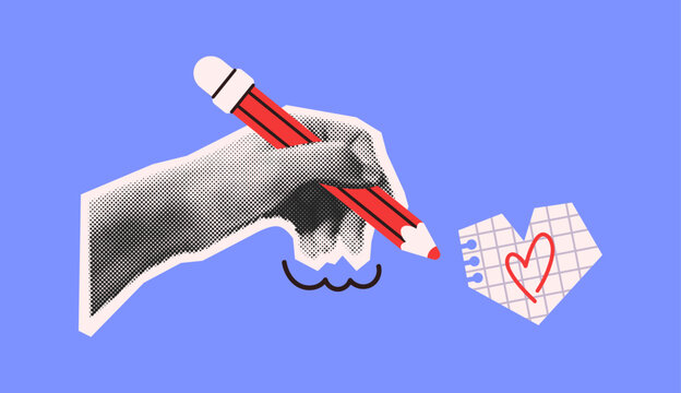 Retro style illustration of a hand drawing a red heart. The hand holds a red pencil. The background is a solid blue. The artwork is creative and playful.