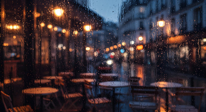 Rainy night in Paris, romantic cafe scene with warm lights and cozy tables perfect for a date night or a quiet evening out.
