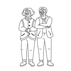Doodle illustration. Line art of an elderly couple standing together with a joyful expression. They wear casual clothing and glasses, conveying a sense of warmth and companionship.