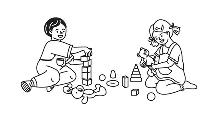 Doodle illustration. Two young children playing happily with toys in a line art style. They are smiling and engaged in creative play. The background is simple and monochrome.