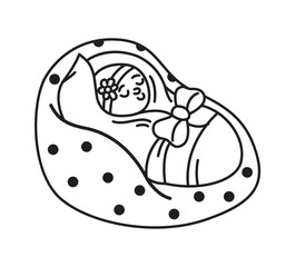 Doodle illustration of a baby wrapped in a polka dot blanket. Monochrome lines depict a peaceful sleeping infant. Ideal for childrens designs and nursery decor.