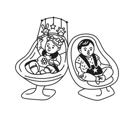 Doodle illustration of two children seated in baby rockers. Happy expressions enhance fun and innocence. Minimalist black and white style with playful elements.