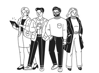 Black and white doodle illustration showing four stylish young adults in professional attire. Each person displays unique style and is engaged in conversation. Minimalist design background.