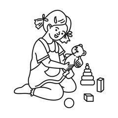 Doodle illustration. Line art of a joyful girl playing with a teddy bear. Surrounded by various toys like blocks and a pyramid. Simple black and white style. Childlike and playful atmosphere.