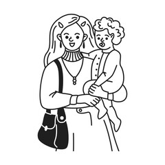 Doodle illustration. Monochrome line drawing of a smiling woman holding a child. Expression conveys warmth and affection. Modern illustration style. Suitable for familyrelated designs.