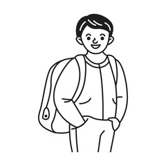 Black and white doodle illustration illustration of a smiling boy. He is wearing a backpack and a casual outfit. Suitable for educational and schoolrelated designs and projects.