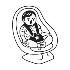 Black and white doodle illustration of a happy baby secured in a car seat. The child is smiling and wearing a harness with a star. Designed for parenting themes.
