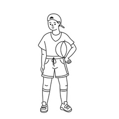 Doodle illustration. Simple line art of a smiling child holding a basketball. The child wears casual sports attire. The illustration is minimalistic with an emphasis on lines and shapes.