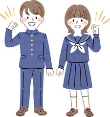 笑顔でガッツポーズをする制服姿の男女の学生のイラスト　全身	