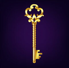 Illustration of an ornate golden key with intricate details against a dark purple background. The elegant design evokes a sense of mystery and sophistication.