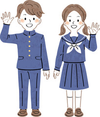 笑顔で手を振る制服姿の男女の学生のイラスト　全身